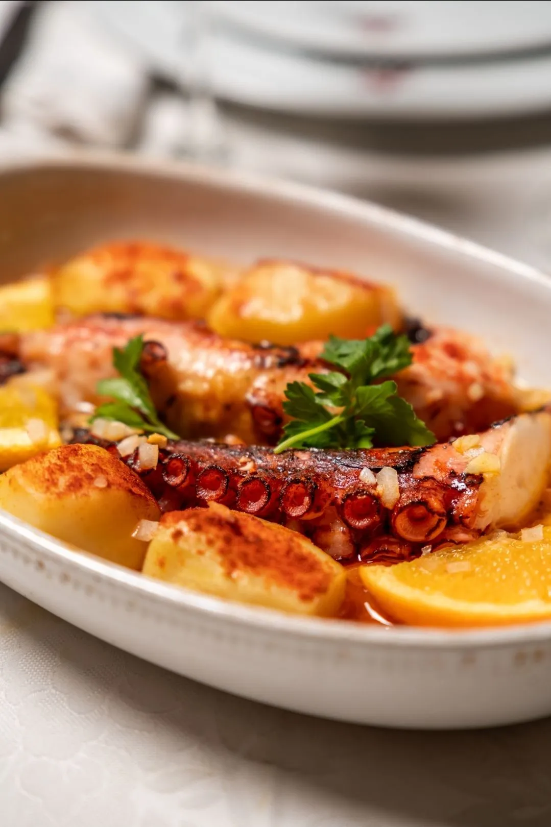 Polvo assado com batata a murro e azeite